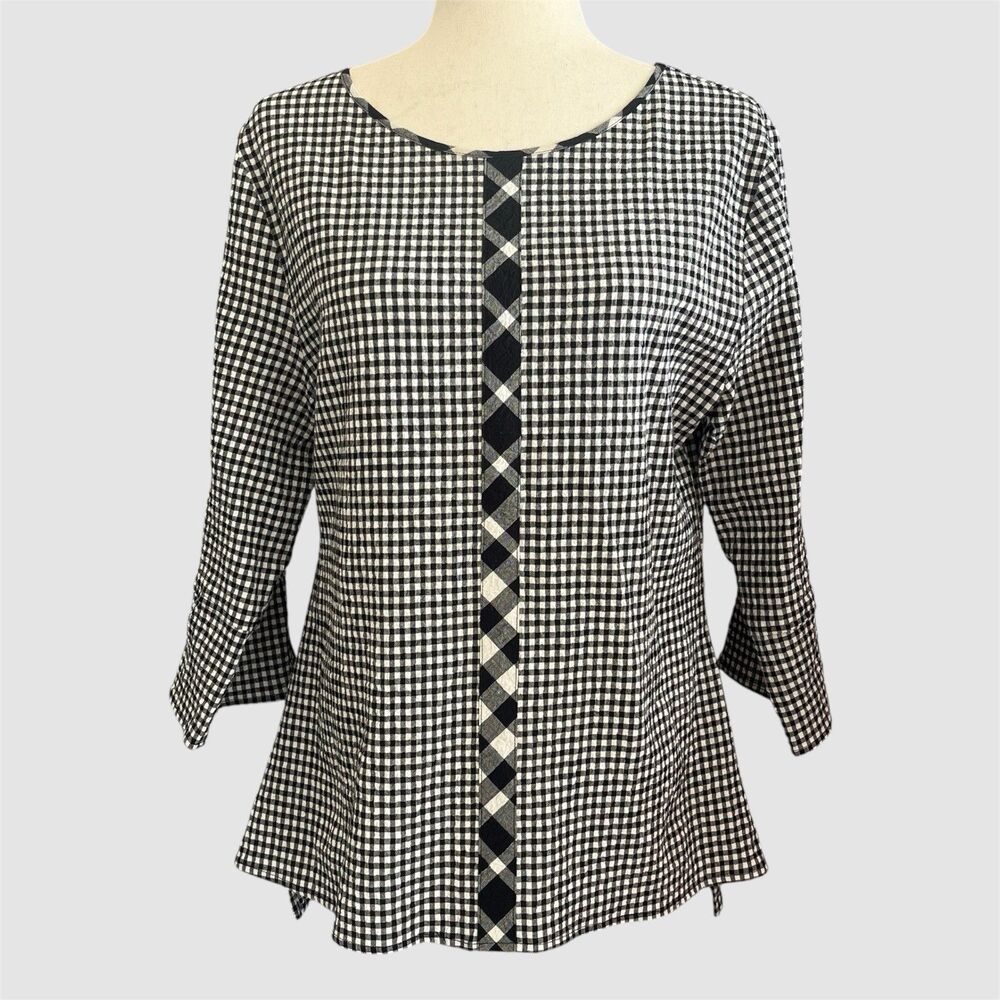 Habitat Lagenlook Gingham Top Size M Mixed Plaid Flared Sleeve Artsy Black White